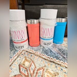 Glitzy Skinny Can Coolers - Coral and Blue